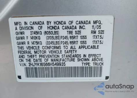 2006 Honda Ridgeline Rtl from USA, damaged, VIN 2HJYK16566H549935